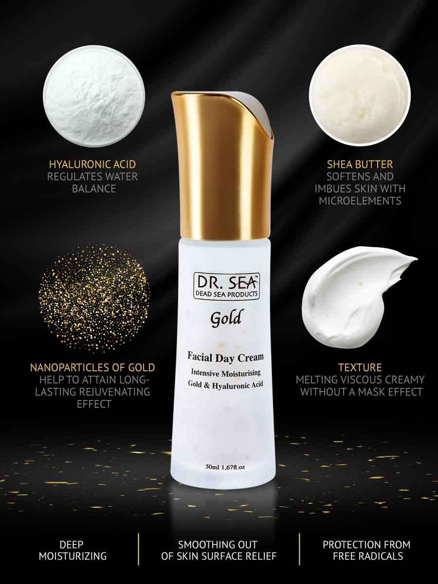 Intensive moisturizing facial day cream with gold and hyaluronic acid - 50 ml